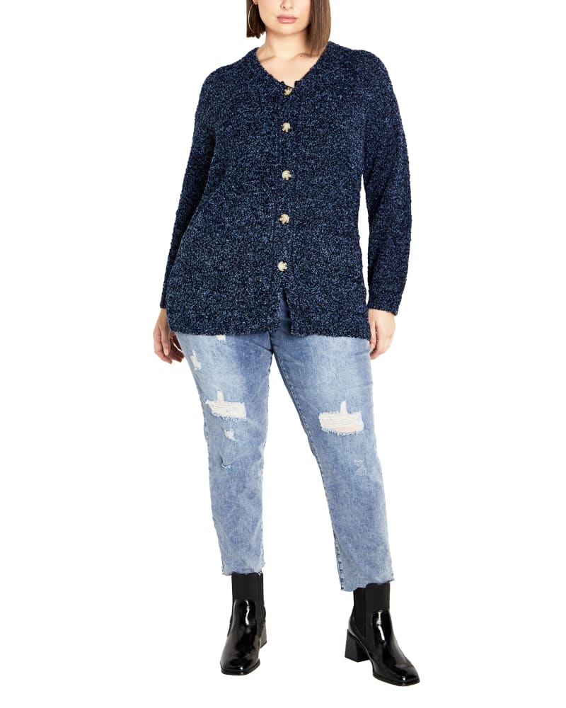 Front of a model wearing a size 20 CARDI AMBER BOUCLE in Blue Combo by avenue. | dia_product_style_image_id:317919